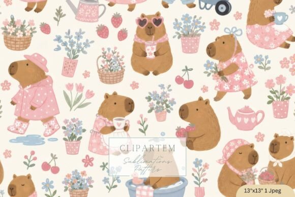 Cottagecore Capybara Seamless Pattern