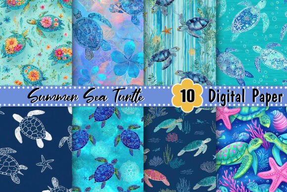 Summer Sea Turtle Digital Paper for Creative Projects