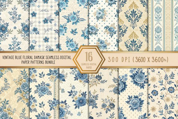 Vintage Blue Floral Damask Seamless Patterns