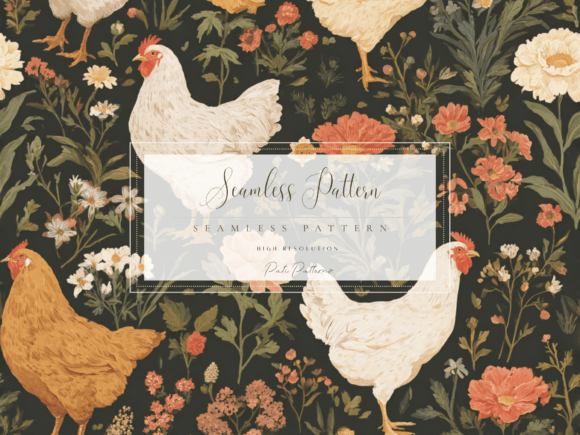 Vintage Chicken Floral Seamless Pattern PNG for Designers